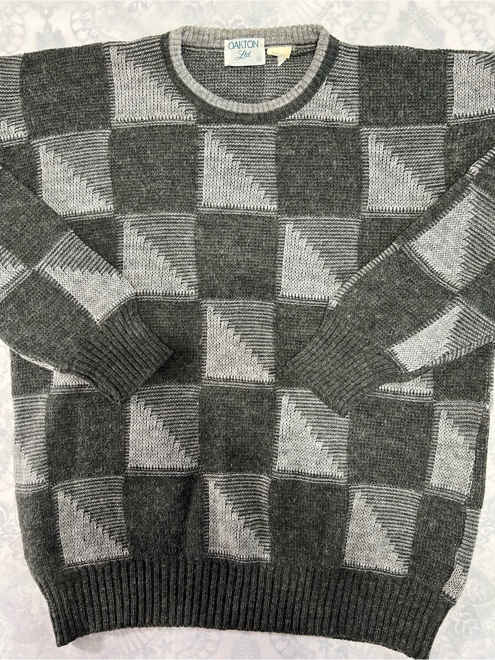 Vintage Oakton LTD XL Wool Blend Gray Knit Grandpa Sweater Geometric Dad 90s